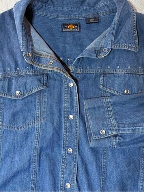 Vintage denim shirt Western Diamond Snap Women 2XL Blue rodeo Rockabilly Cowgirl